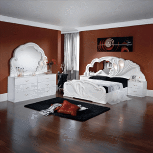 Paola White Italian High Gloss Bedroom Set with 4 Door Wardrobe and Dresser + Mirror
