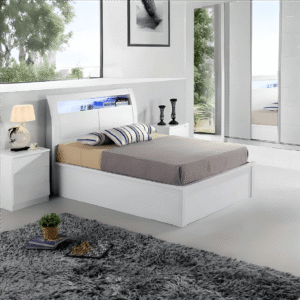 Rugby Ottoman Strong Storage wooden Bed Frame with LED lights Headboard Storage and Bluetooth Speaker (White High Gloss)