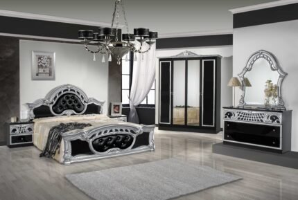 Sara Black - Silver Italian High Gloss 4 Doors Italian Bedroom Set