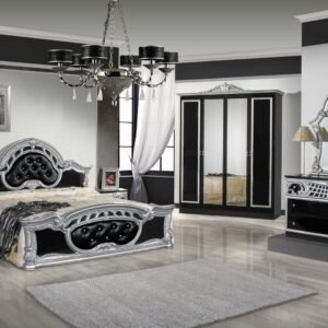 Sara Black - Silver Italian High Gloss 4 Doors Italian Bedroom Set