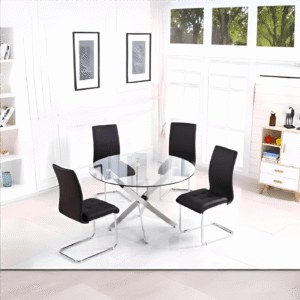 Samurai Dining Table Chrome & Clear with 4 Chairs