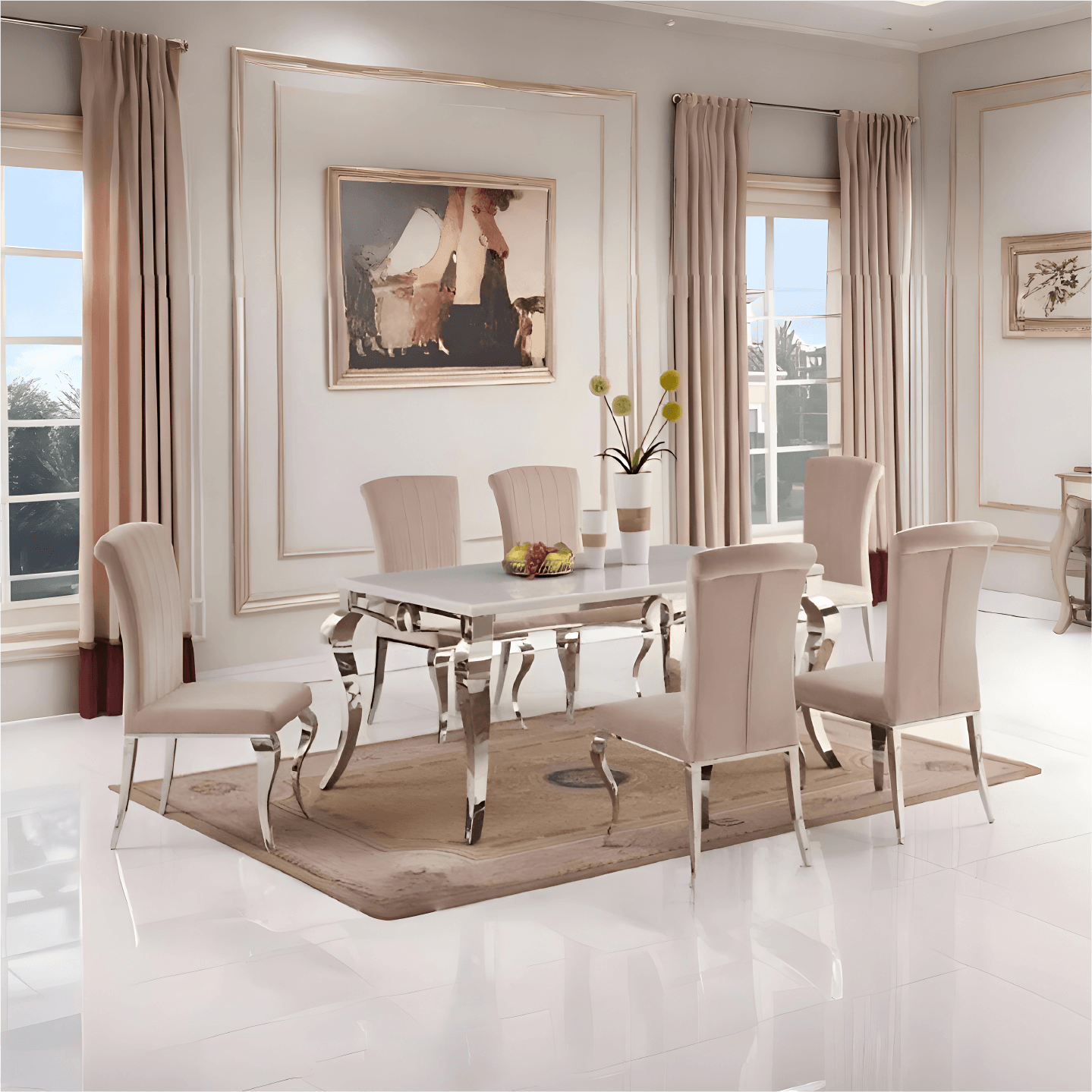 Sarah Marble Grey Top Dining Table with 6 Armenia Chairs