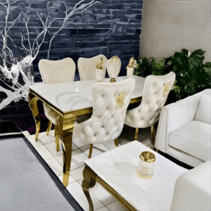 Sofia 2.0M Marble Top Dining Table with 6 Victroia Lionknocker Cream Velvet Chairs
