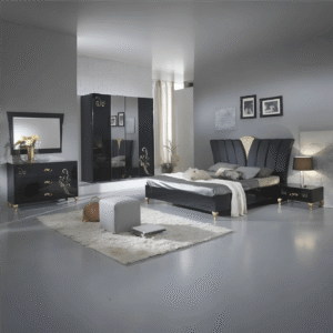 Sofia Italian Bedroom Set Black and Gold with 2 Door Sliding Wardrobe Ben Company