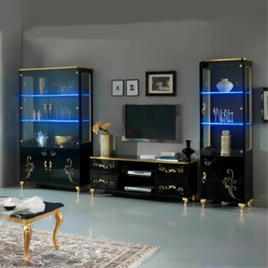 Sofia Italian Tv Unit with 2x Single Door Vitrine Black and Gold Ben Company