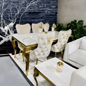 Sofia1.8 Marble Top Dining Table with 6 Victoria LionKnocker Cream Velvet Chairs