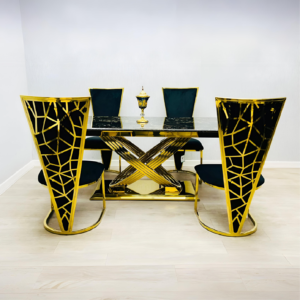 Stunning Elina Marble Dining Table Black-Gold 180 + 6 Vienna Black-Gold Chairs