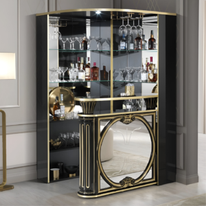 Tiffanie Italian Luxury High Gloss Black/Gold Mirror Front Corner Bar Unit by H2O Design
