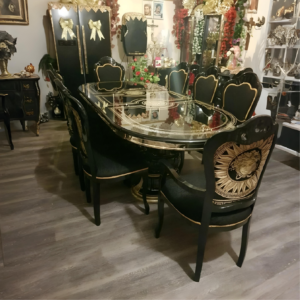 Versce Italian High Gloss Extedning-Dining Table with 6 Medusa Head Fabric Chairs