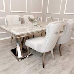 Xavia 1.8 White/Grey Marble Top Dining Table with 6 Kate Light Grey Velvet Chairs