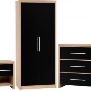 Seville Bedroom Set in Light Oak Veneer/Black High Gloss