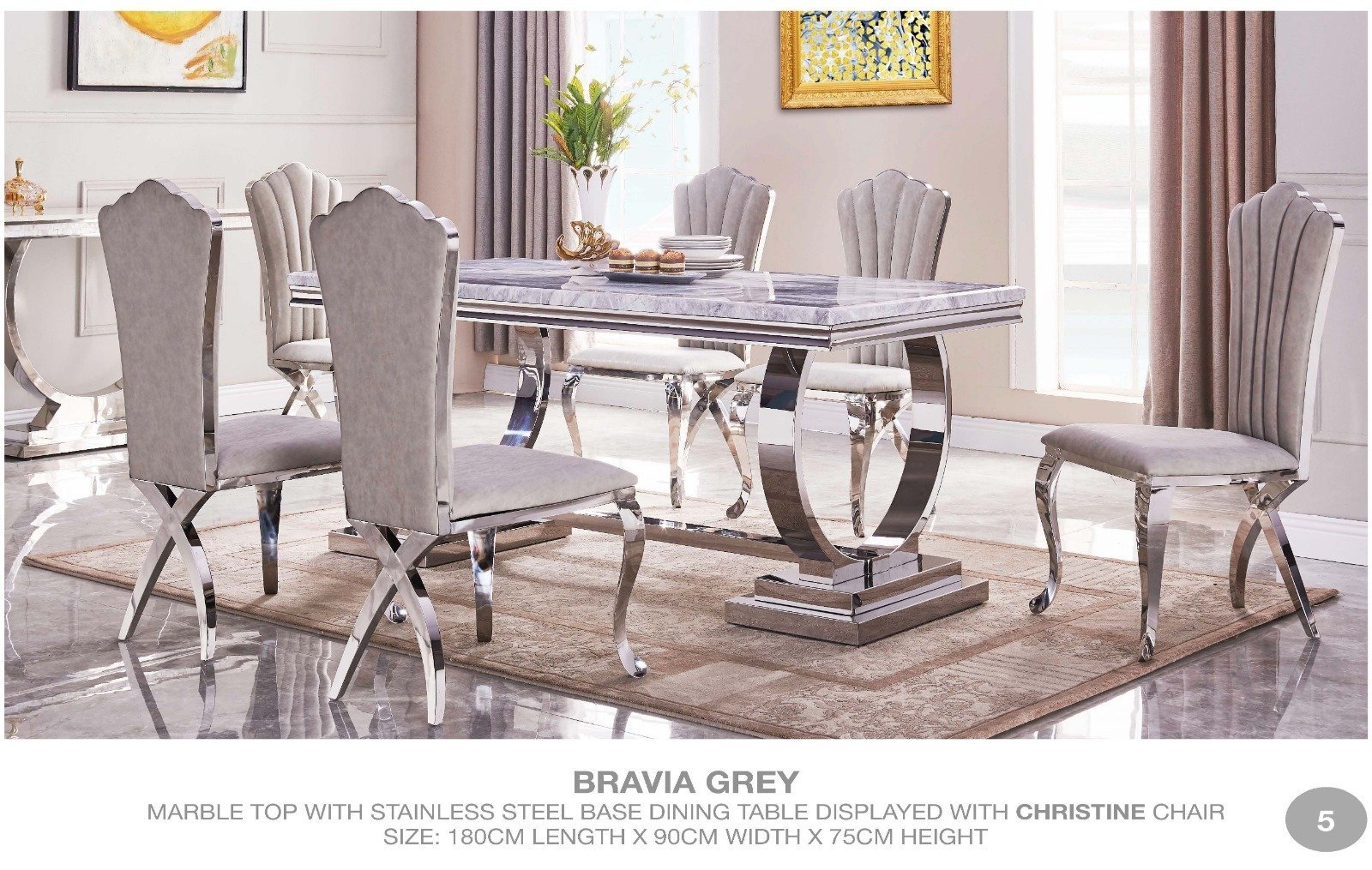 Bravia Large 180cm Marble Stone Dining Table with 6 Chairs - Image 2