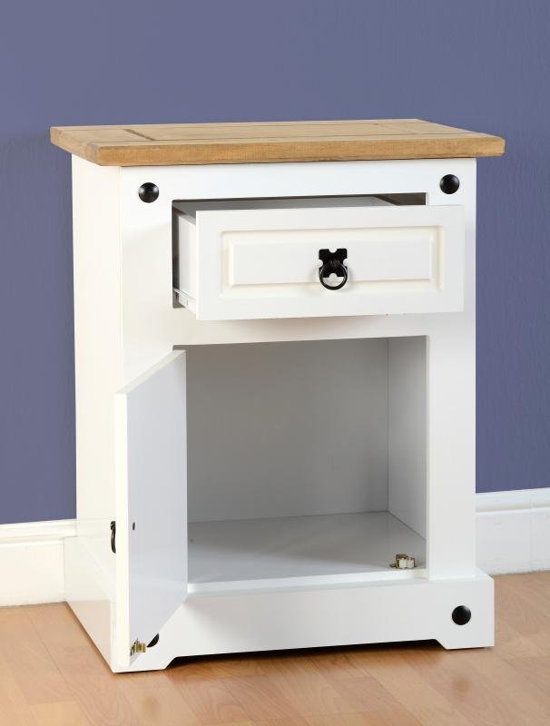 Corona 1 Drawer 1 Door Bedside Cabinet in White/Distressed Waxed Pine - Image 3