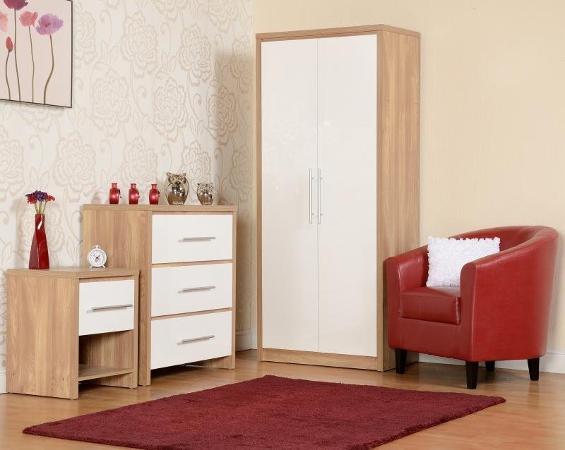 Seville Bedroom Set in Light Oak Veneer/White High Gloss
