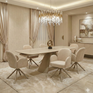 Gstaad Beige Extendable Stone Table with 4, 6 and 8 Swivel Chairs Collection