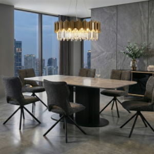 Sydney Modern Design Grey Ceramic Dining Table | Roseland Swivel Chairs Set