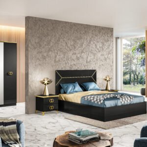 Ben Company Modern Vera Black-Gold High Gloss Italian Bedroom Set with 4 Door Wardrobe
